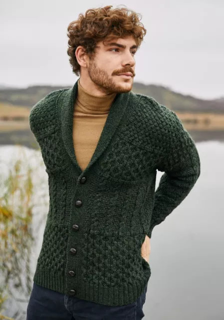 SAOL Aran Irish Fisherman Shawl Cardigan Men's Merino Wool Cable Knit Sweater