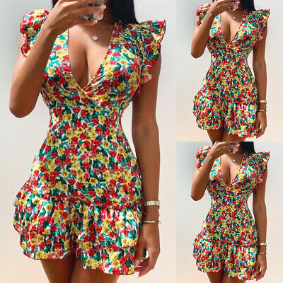 Women Floral Frill Sexy V Neck Summer Mini Dresses Ladies Holiday Party Sundress