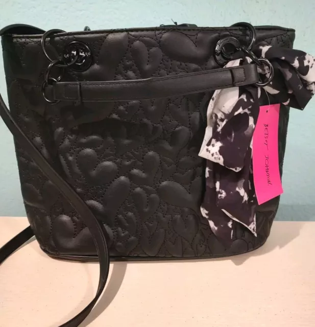 NWT Betsey Johnson Aubree Quilted Satchel Heart Black Faux Leather Shoulder Bag