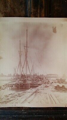 1880'S Large Antique Albumen Photograph - Bridge Pier Building Steam Engine