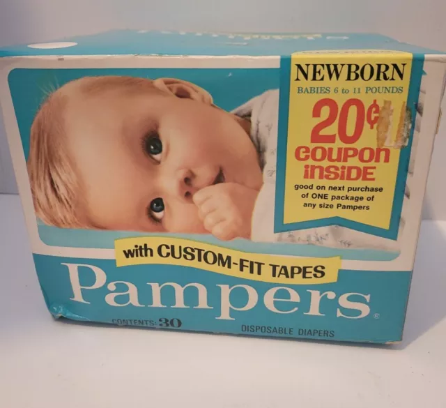 Pañales introductorios Pampers de colección década de 1960 caja sellada de 30 quilates nuevos stock antiguo