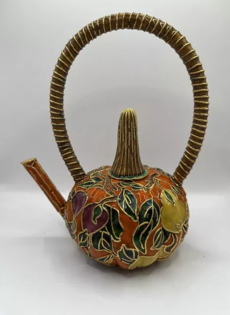 Vintage Cloisonne Enamel Pumpkin Grapes Mini Tea Pot Fruit Gold Orange