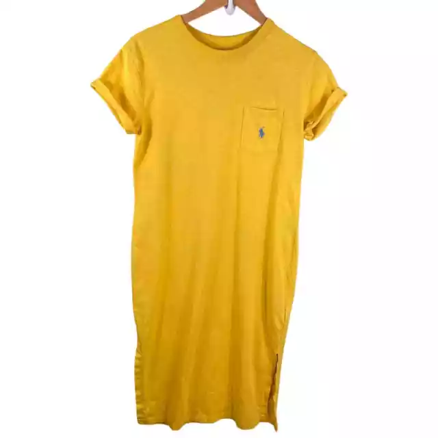 Polo Ralph Lauren Women's Pocket T-shirt Maxi Dress Yellow Side Slit  Sz Small