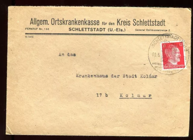 Allemagne - Enveloppe de Schlettstadt pour Colmar en 1944 - N70