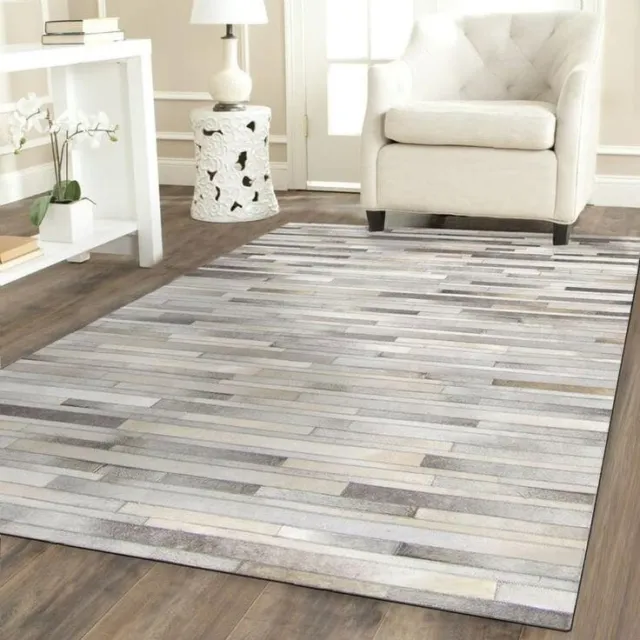 100% Real Cowhide Hair on Leather Patchwork Handmade Gray Design Carpet 4x6 ft