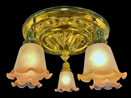 Antique Victorian Pan Chandelier Brass 5 Light Fixture Cranberry Glass Shade Old