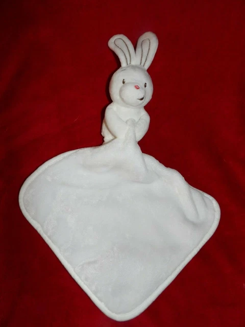 Doudou Plat Lapin Auchan Baby Blanc Brode Marron Nez Rouge Mouchoir Neuf