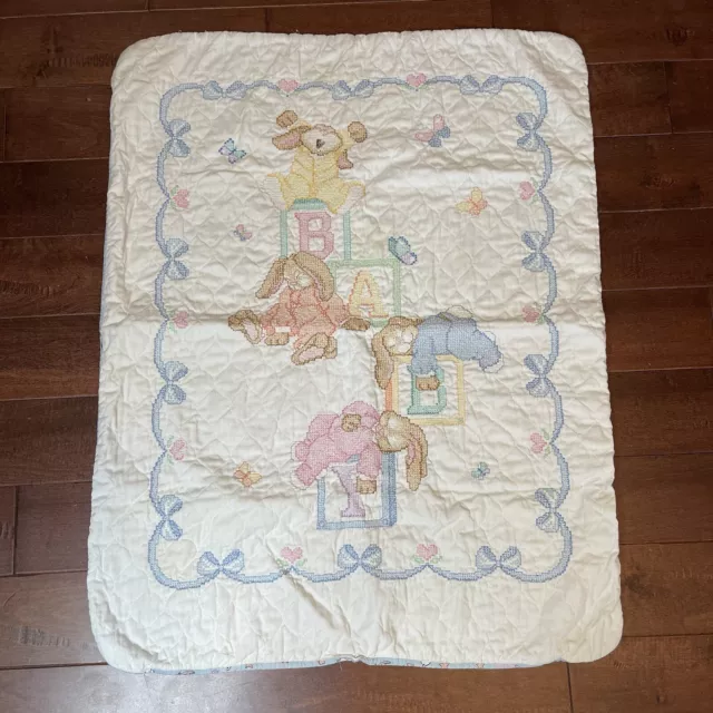 Manta para bebé bordada a mano vintage 40 x 30 fisgón doble cara