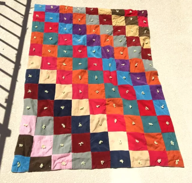 Vtg Boho Hippie Gypsy Handmade Patch Quilt Throw Corduroy 54" x 40" Unique Old