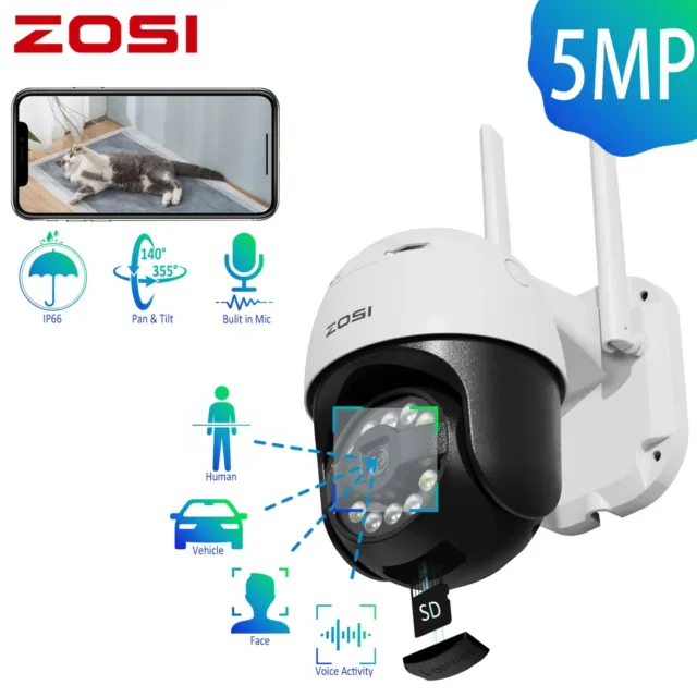 ZOSI 5MP WiFi Pan/Tilt Outdoor Security IP Camera AI Human Car Detect Auto Track