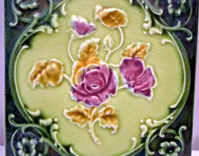 Ancien Carreau Majolique Art Nouveau Angleterre Rose Mauve Architecture Floral 2