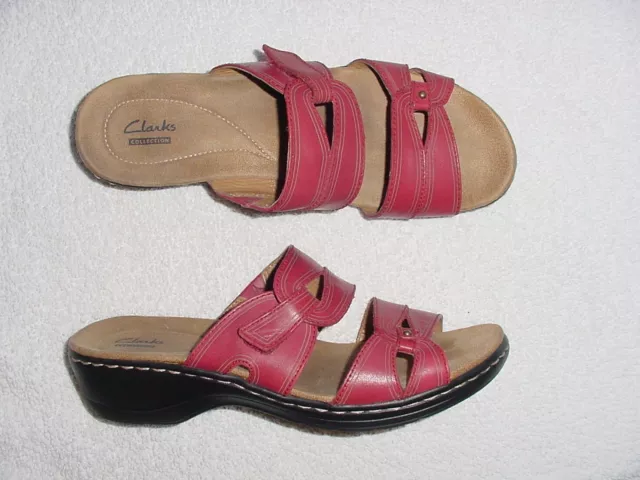 Womens Clarks Collection Hayla Canyon Red Leather Strap Wedge Slide Sandals 10 M