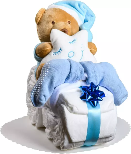 Windeltorte Motorrad in Blau mit Kuscheltier  als Geschenk zur Geburt Baby-Party