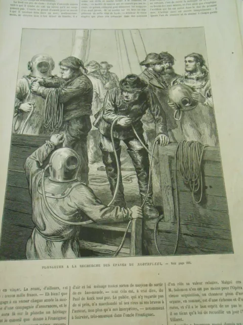 Gravure 1873 - Scaphandrier Plongeurs à la recherche épaves du Northfleet