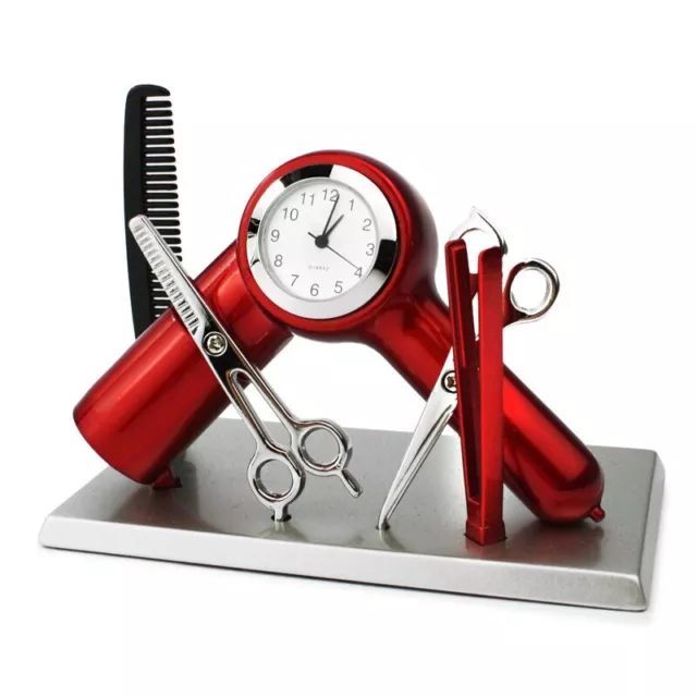 Tischuhr Friseur Set rot - Dekorative Designer Uhr Sammleruhren Geschenkuhren