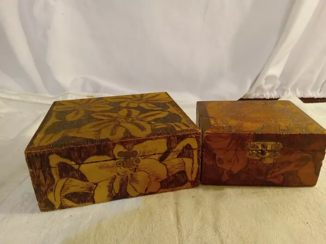 Vintage Handcarved Wooden Jewelry Boxes Lot of 2