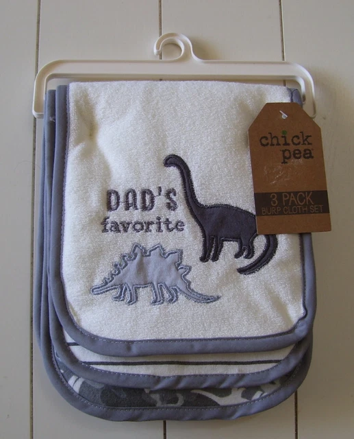 Boys Chick Pea 3 pack Grey Dad's Favorite Dinosaur Stripe Burp Cloth Set
