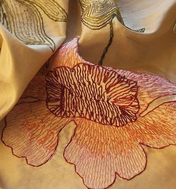 By Yd Designer 100%Silk Large Pink Red Flower Crewel Embroidery Msrp$100+/Y #46