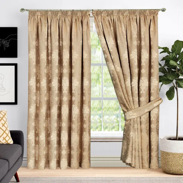 Luxury Pencil Pleat Jacquard Tape Top Pair of Curtains Ready Made Free Tiebacks