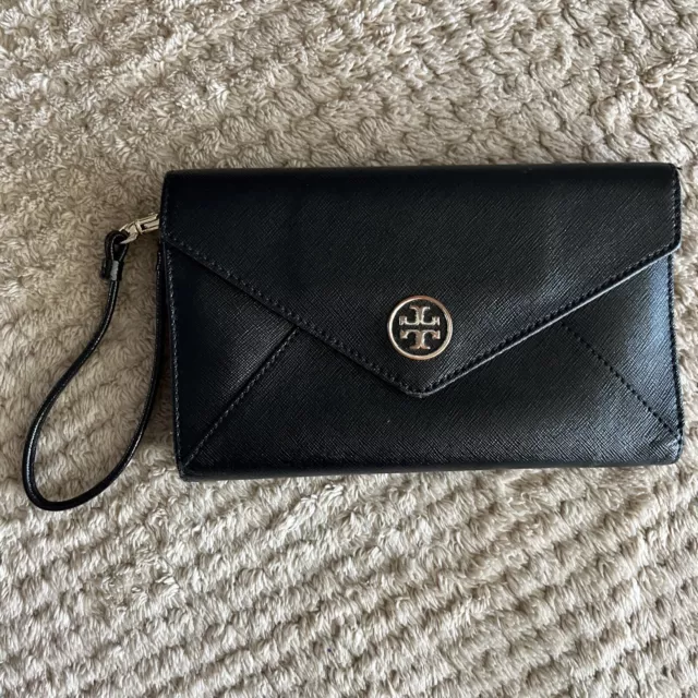 Beautiful Tory Burch Emerson Saffiano Leather Envelope Clutch/Wristlet Black