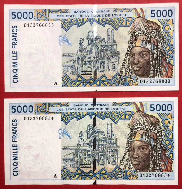 N°56 BILLET DE BANQUE SUITE DE 2X 5000 FRANCS CÔTE D'IVOIRE 2001 Pr NEUF / aUNC