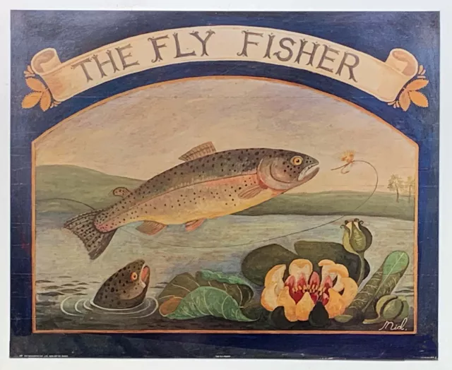 Naive Painting of The Fly Fisher with a Decorative Border. reproduction print