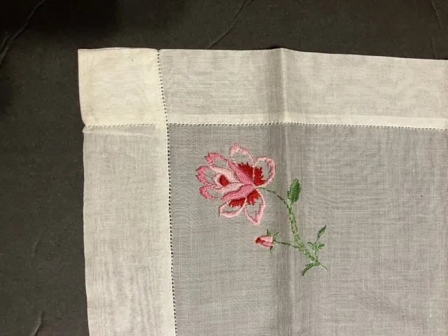 Handkerchief Embroidered Pink Red Rose Linen Wide Hem Border 13”