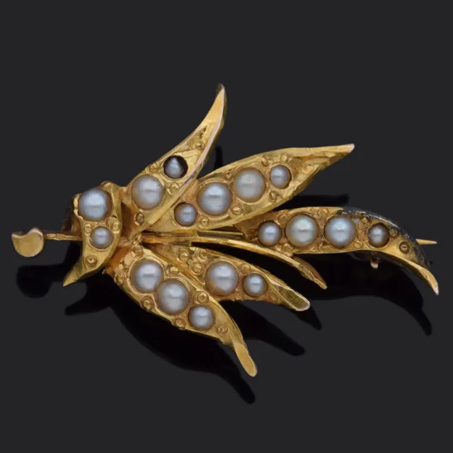 Antique 14K Yellow Gold Seed Pearl Brooch Pin
