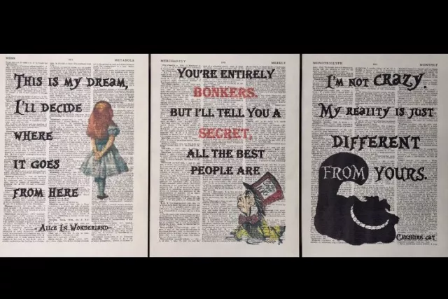 3 X Alice In Wonderland Quotes Prints Vintage Dictionary Page Wall Art Pictures