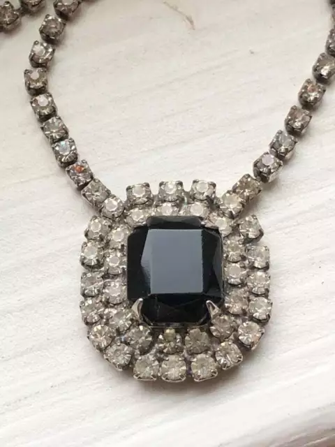 Art Deco Two Rows Round CZ & Black Onyx 935 Silver Women's Beautiful Necklace