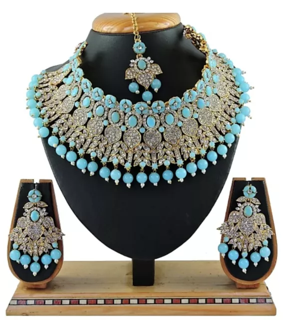 Firozi Ethnic Indian Traditional Wedding Gold Tone Diamond Jewelry Necklace Set