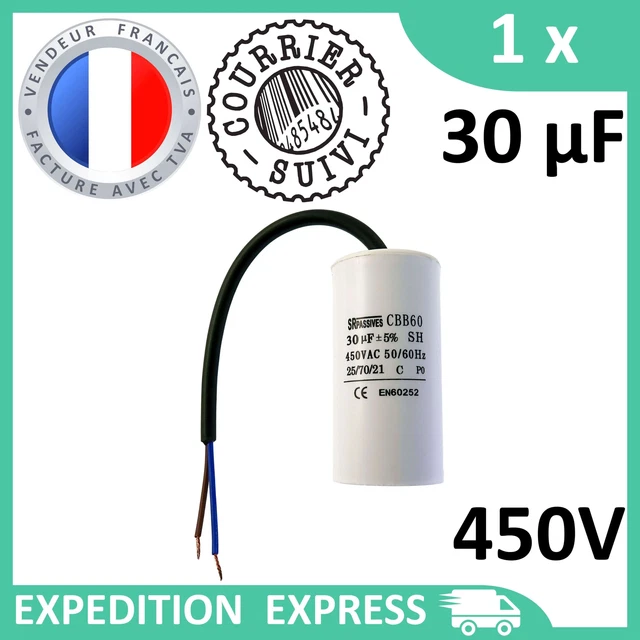 Condensateur Moteur 30µF 450V CBB60 Permanent/démarrage - SR Passives Neuf