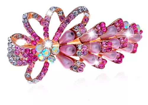 Rose Hair Barrette Accessories Pink Rainbow Pearls Rhinestones Bow Knot  HA137