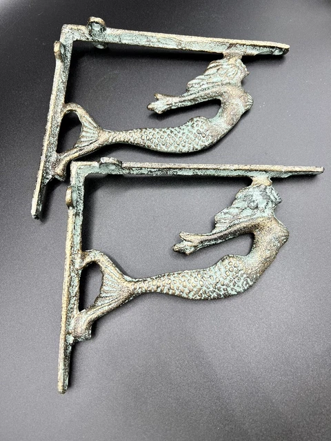 2 Cast Iron MERMAID Brackets Garden Braces Shelf Bracket Corbels Beach Nautical