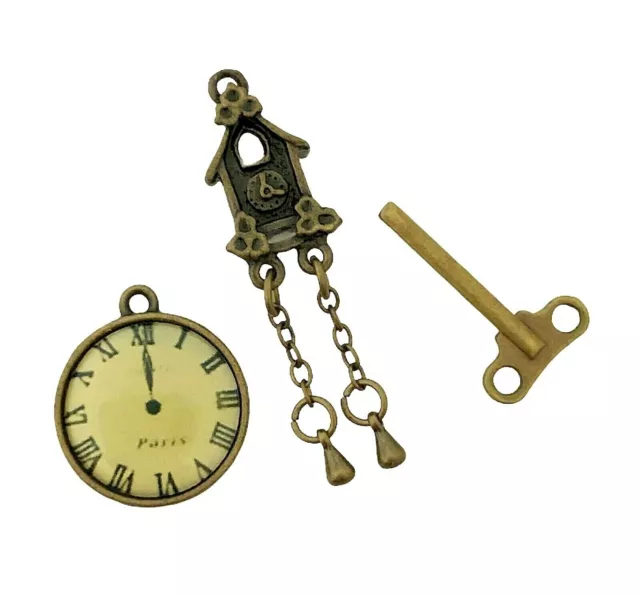 3 Antiqued Bronze Charm Set Cuckoo Clock Time Piece Key Bead Drop Pendants