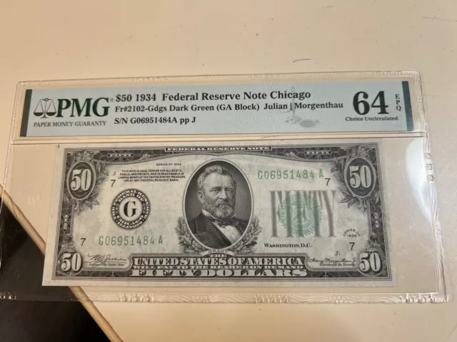 1934  $50 Federal Reserve Note Chicago - FR#2102-Gdgs Dark Green - PMG CU 64 EPQ