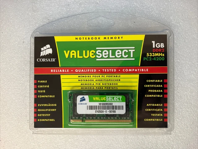 Barrette Mémoire Corsair 1 Go DDR2 Value Select - SO-DIMM 200 Pins - PC2-4200 (533 MHz)