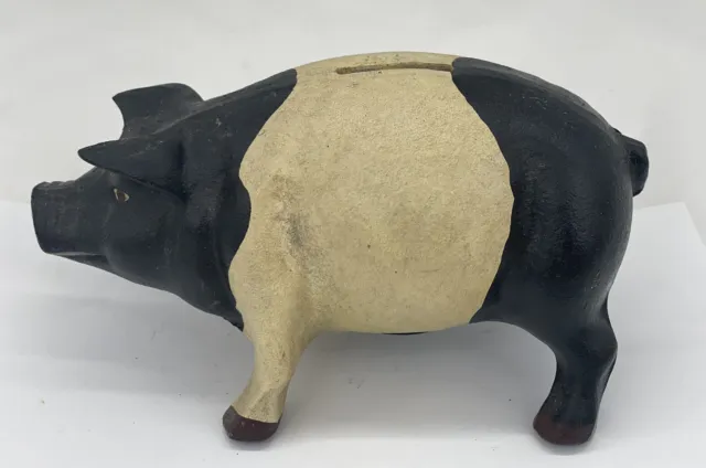 Vintage Style Cast Iron Pig Coin Bank, Approximately 7 1/2”, Black & White