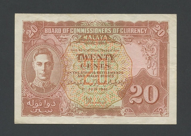 MALAYA  20 cents  1941  KGVI  WWII  Krause 9  VF-EF  Banknotes