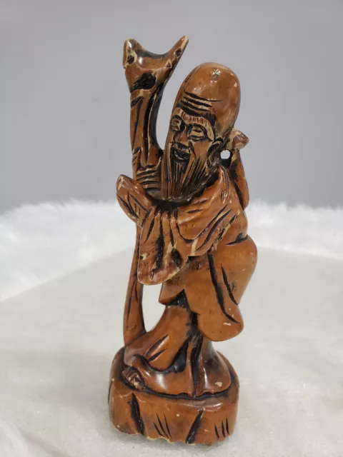 Chinese God Of Longevity Shouxing Shou Lao Vintage Carved Wooden Statue 9”