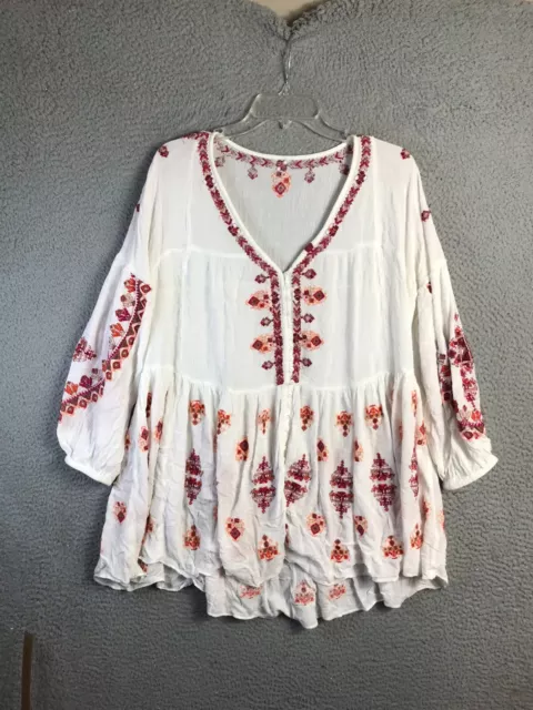 Free People Shirt Womens S Arianna Embroidered Boho V Neck Button Front Tunic