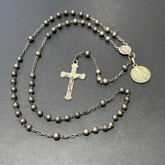 ANCIEN CHAPELET CROIX Reliquaire Argent massif XIXè Prayer Silver Cross