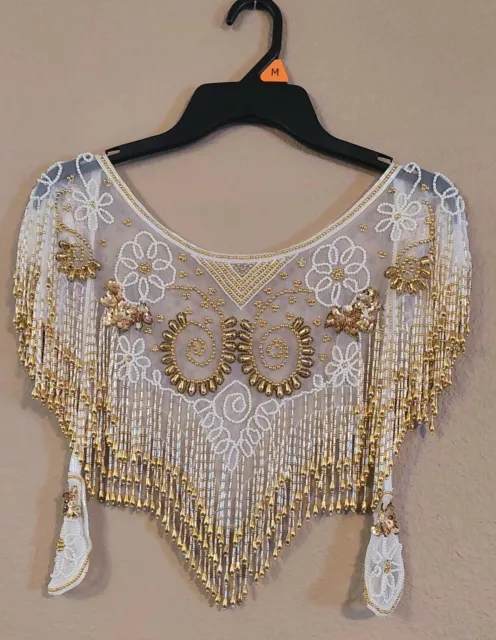 Beaded, Sequin Shawl, Wrap, Cape White & Gold Fringe Ties Flapper, Beautiful!