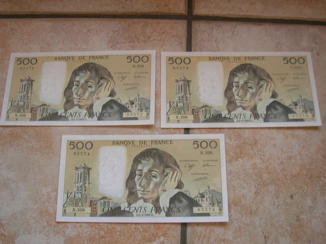 France Lot De 3 Billets De  500 Francs  Pascal Neuf Qui Se Suivent !!  (C898)