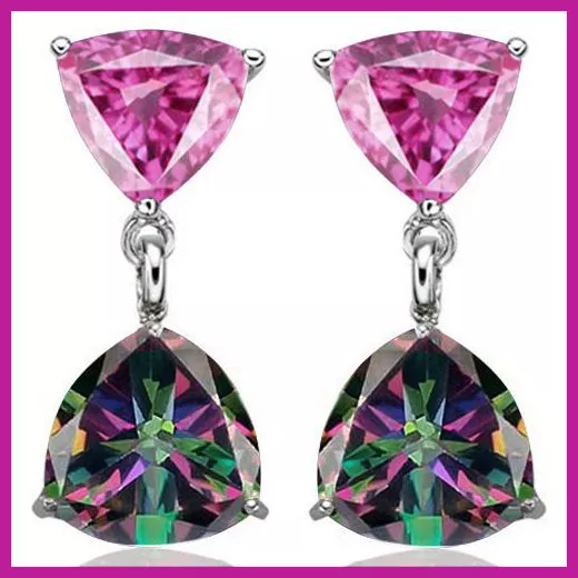 Created Pink Sapphire & Mystic Gemstone Earrings 925 Sterling Silver New