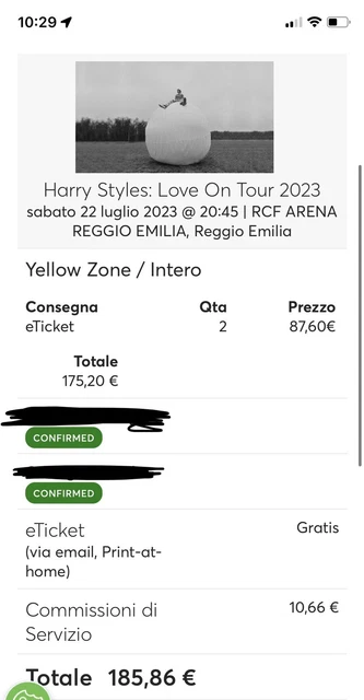 [SOLD OUT]2 Bigliett Harry Styles YELLOW ZONE Rcf Arena 22/07/2023 Love on Tour