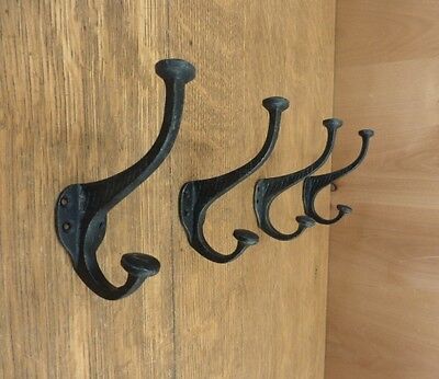 4 BLACK ETCHED SIDE DOUBLE HOOKS 5" ANTIQUE-STYLE RUSTIC CAST IRON wall coat hat
