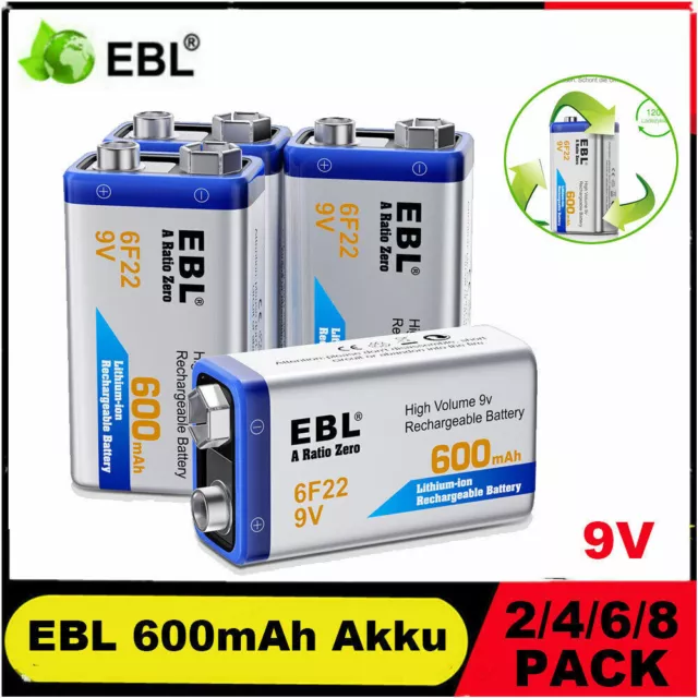 EBL 9V High Volume 600mAh Li-ion Rechargeable 6F22 Batteries, 9 Volt Li-ion PP3