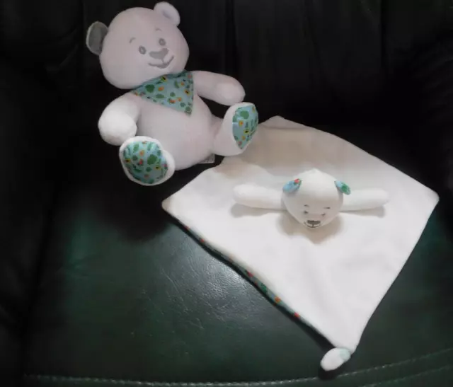 2. DOUDOU PELUCHE MUSTI DE MUSTELA OURS gris blanc Bandana bleu vert fleur  18cm