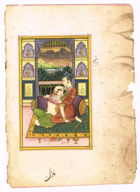 Mano Miniatura Dipinto Di Mughal Imperatore E Imperatrice Amore Scena Art